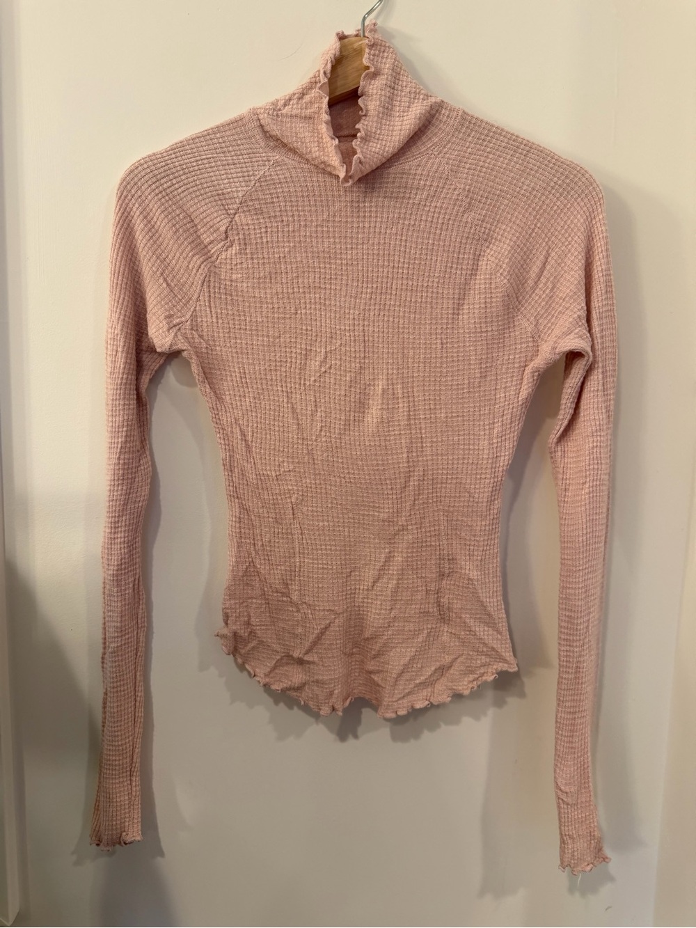 Free People Blush Waffle Knit Ruffle Mock Neck Long Sleeve‎ Top